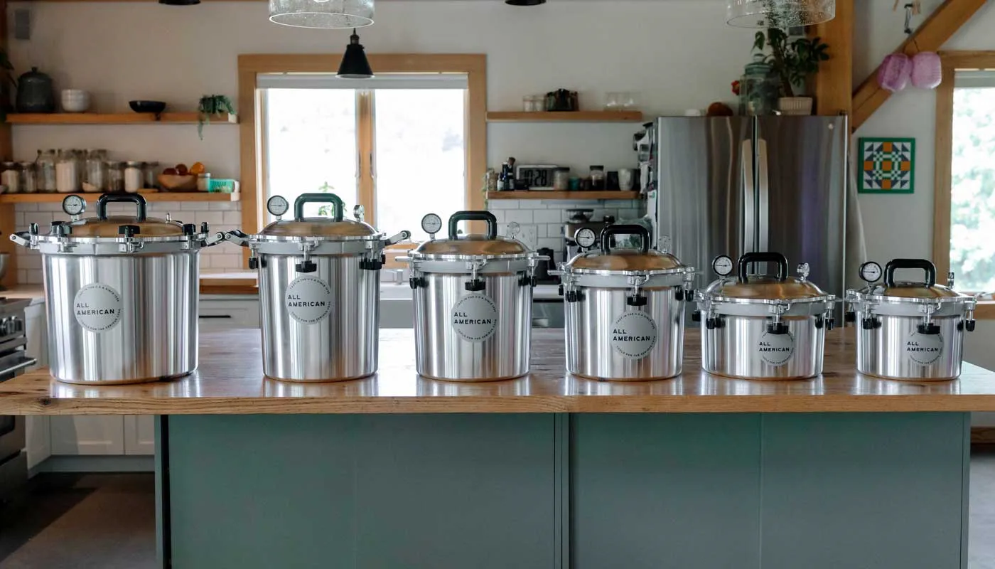 All six All American pressure canner sizes shown side by side from largest to smallest — models 941, 930, 921, 925, 915, and 910.